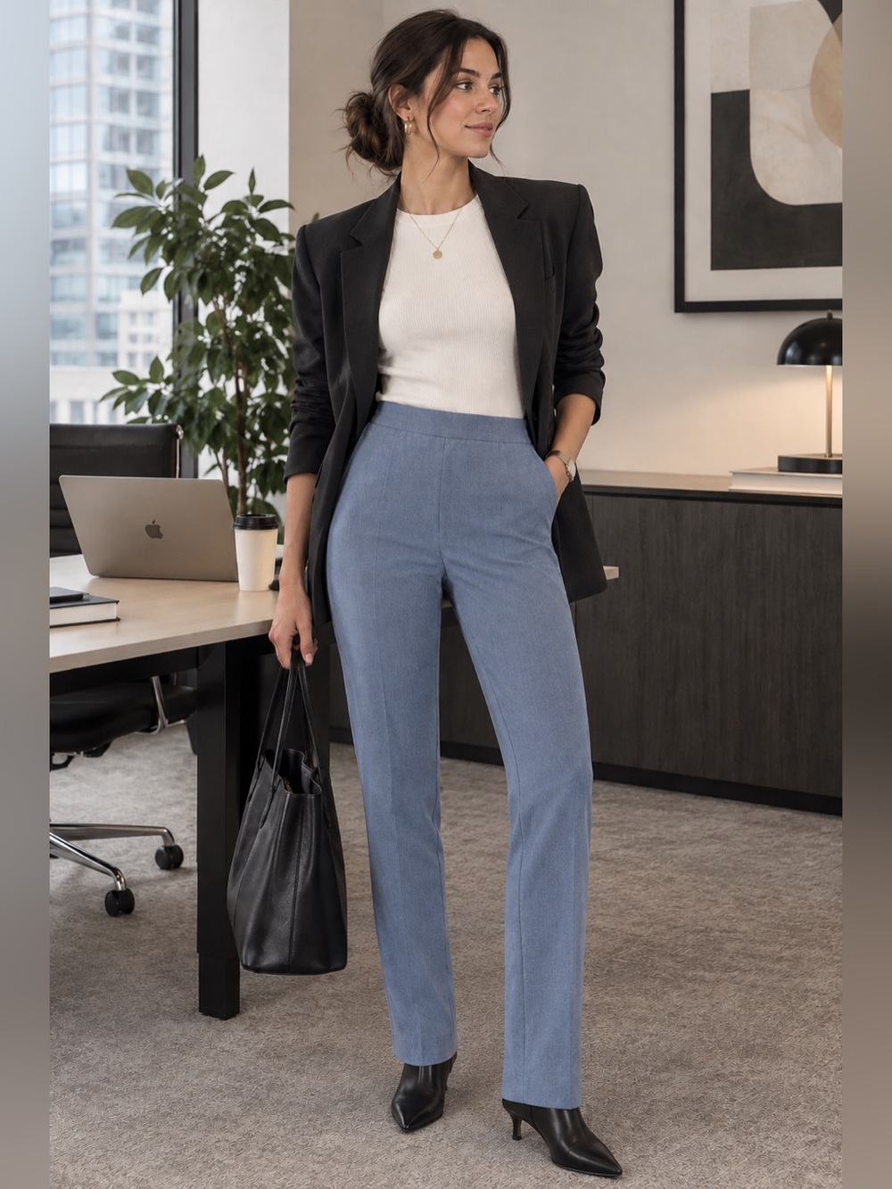 Babaton Light Blue Slim Fit Pant Elastic Waist Minimalist Flat Front Faux Fly